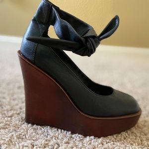 Black Leather Wood Block Wedges